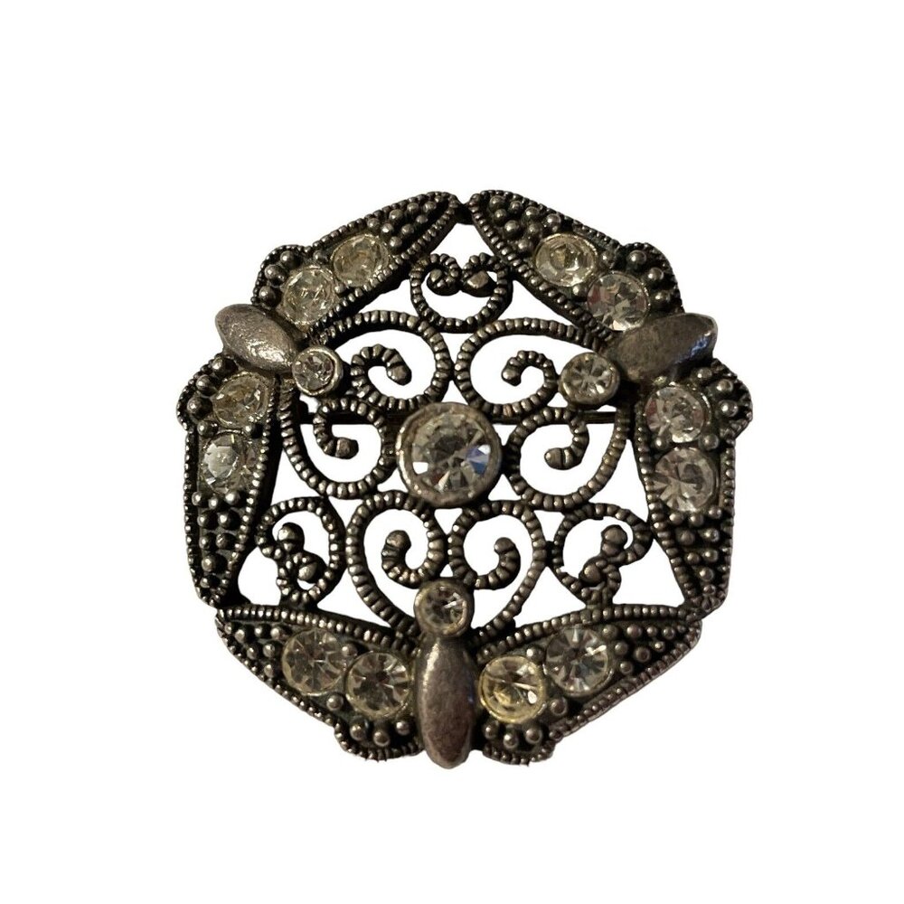 VTG 1928 Rhinestone Silver Tone Filigree Brooch Pin Open Work Art Deco Style